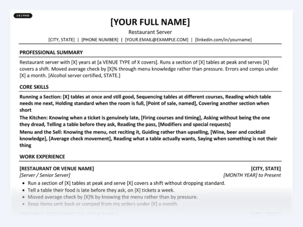 Restaurant Server resume template, one page, ATS-friendly layout