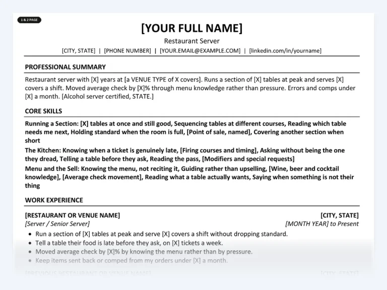 One-page restaurant server resume template from the Disruptive Templates restaurant server kit