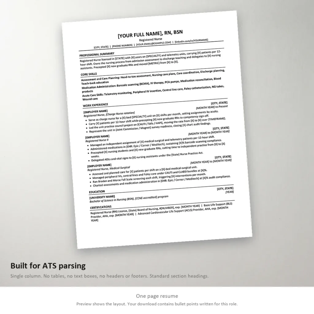 Resume template, one page version for Microsoft Word and Google Docs