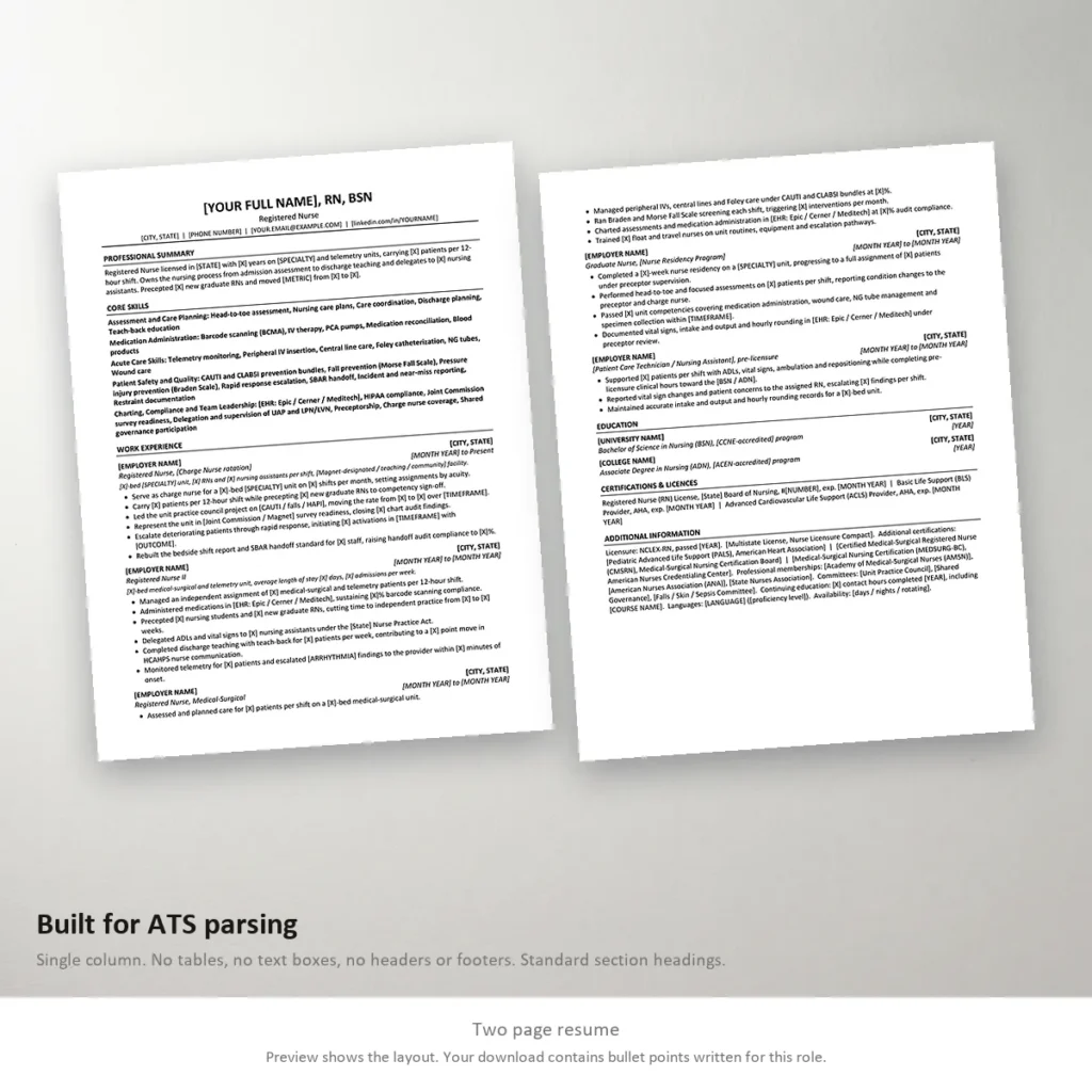 Resume template, two page version for Microsoft Word and Google Docs