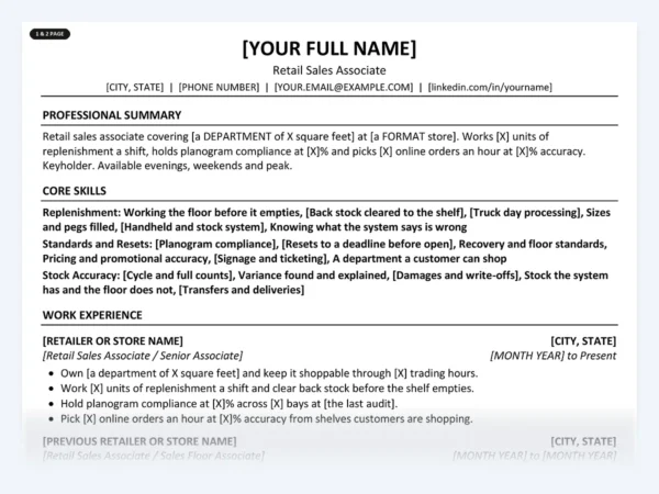 Retail Sales Associate resume template, one page, ATS-friendly layout