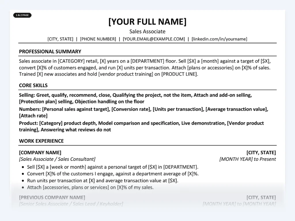 Sales Associate resume template, one page, ATS-friendly layout