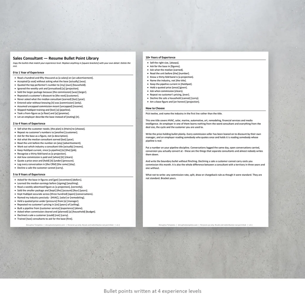 Sales Consultant resume bullet points written at four experience levels