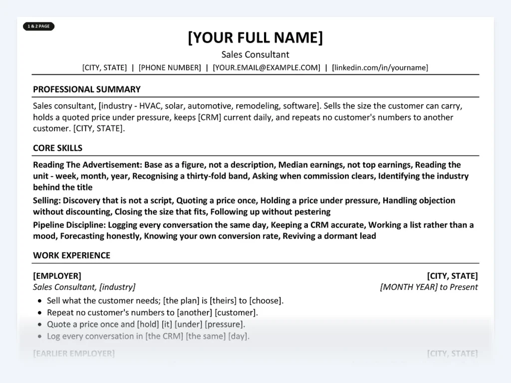 Sales Consultant resume template, one page, ATS-friendly layout