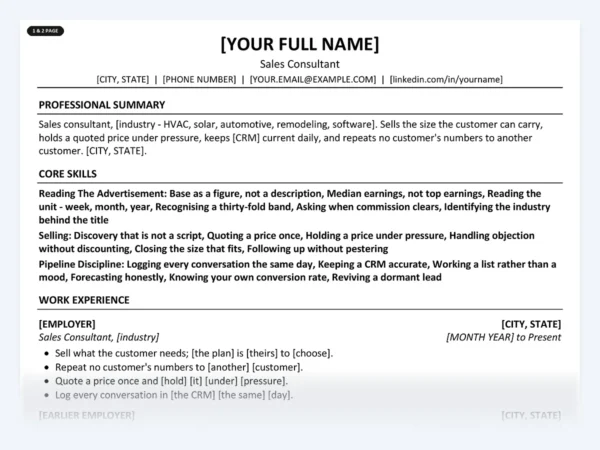 Sales Consultant resume template, one page, ATS-friendly layout