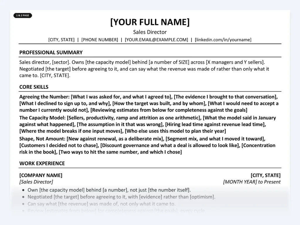 Sales Director resume template, one page, ATS-friendly layout