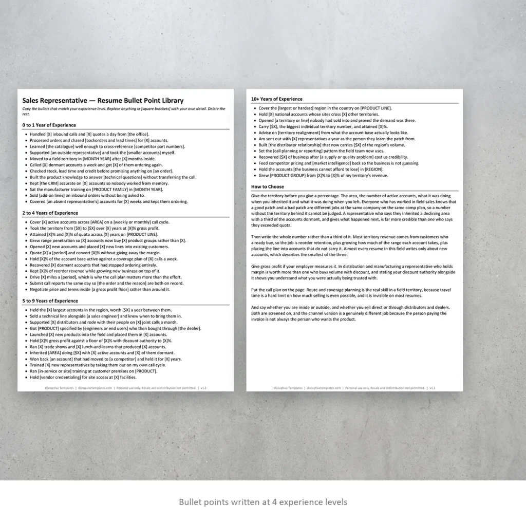Sales Representative resume bullet points written at four experience levels