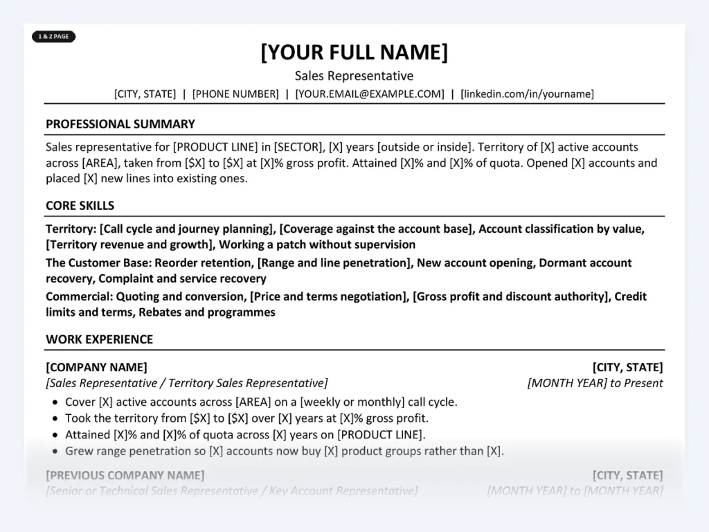 Sales Representative resume template, one page, ATS-friendly layout