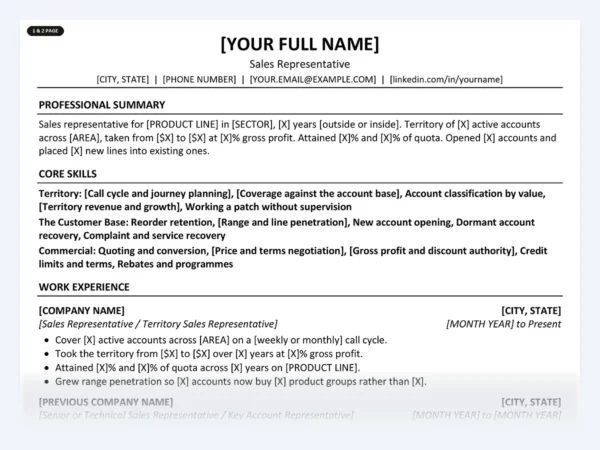 Sales Representative resume template, one page, ATS-friendly layout
