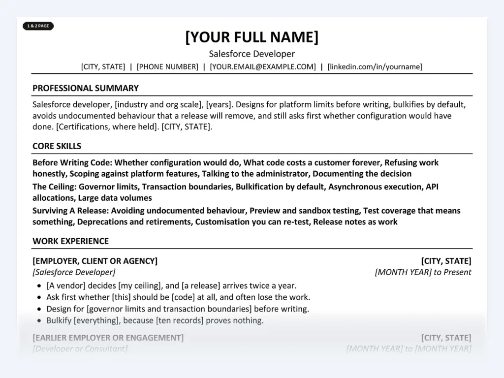 Salesforce Developer resume template, one page, ATS-friendly layout
