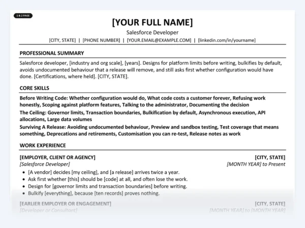 Salesforce Developer resume template, one page, ATS-friendly layout