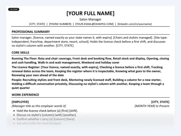 Salon Manager resume template, one page, ATS-friendly layout