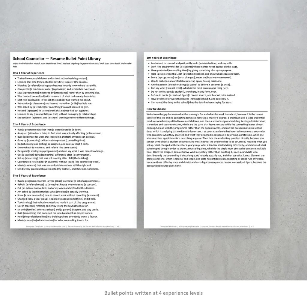School Counselor resume bullet points written at four experience levels