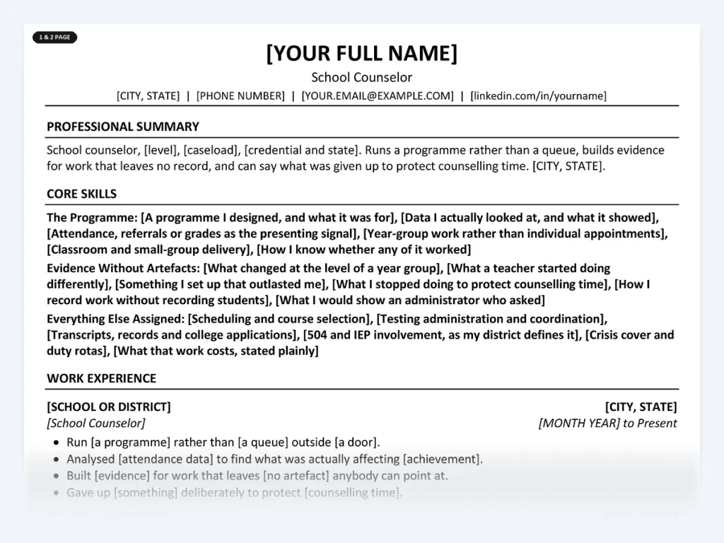 School Counselor resume template, one page, ATS-friendly layout