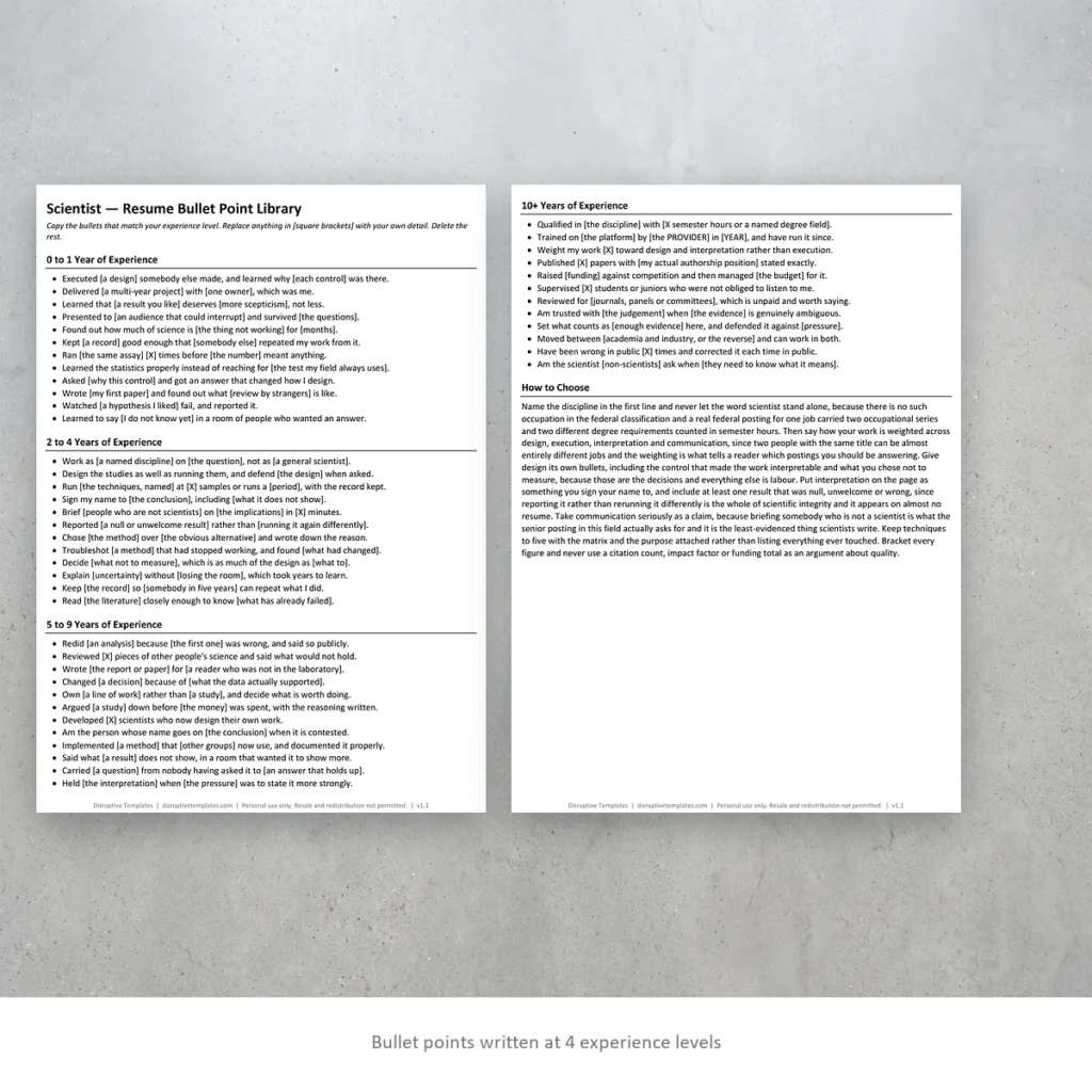 Scientist resume bullet points written at four experience levels