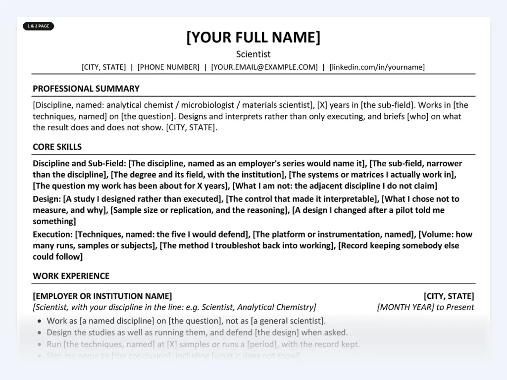 Scientist resume template, one page, ATS-friendly layout