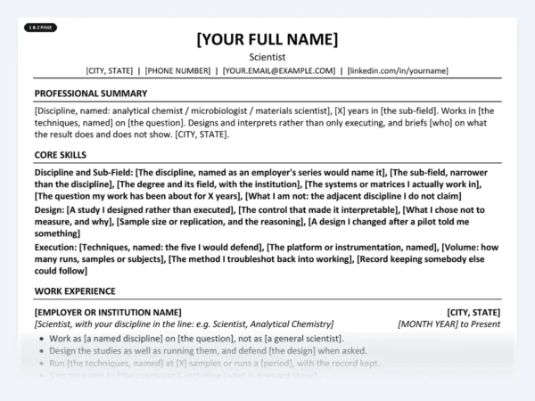 Scientist resume template, one page, ATS-friendly layout