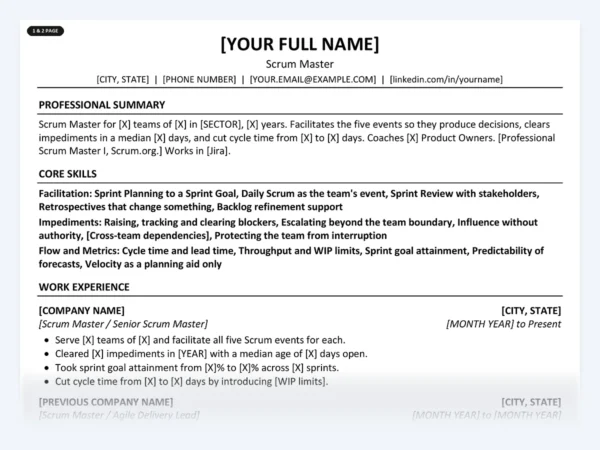 Scrum Master resume template, one page, ATS-friendly layout