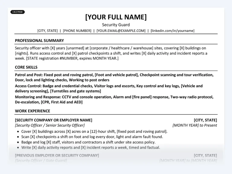 One-page security guard resume template from the Disruptive Templates security guard kit