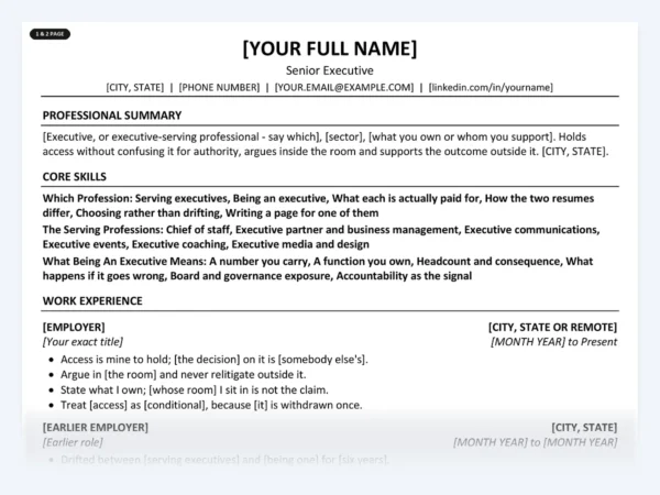 Senior Executive resume template, one page, ATS-friendly layout