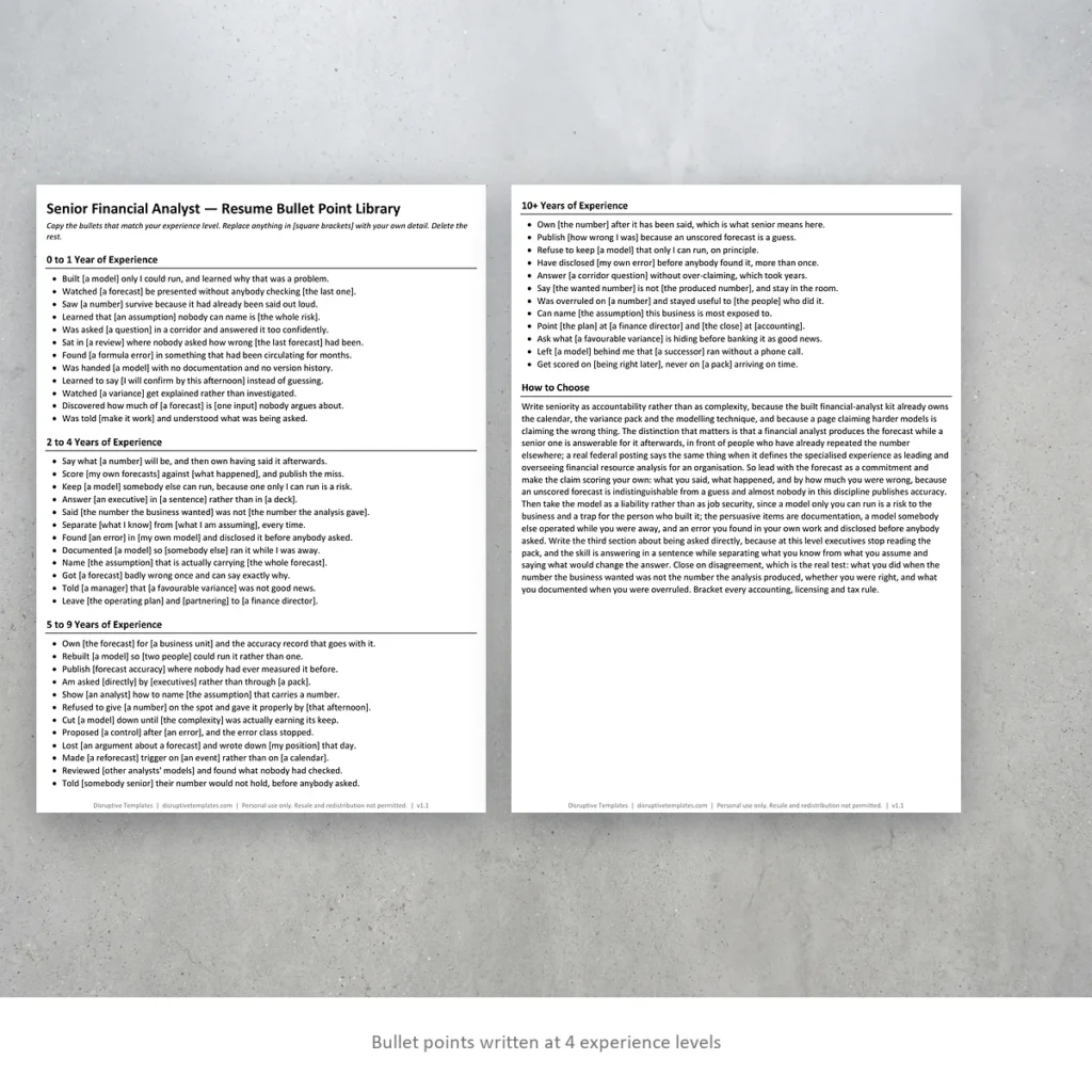 Senior Financial Analyst resume bullet points written at four experience levels