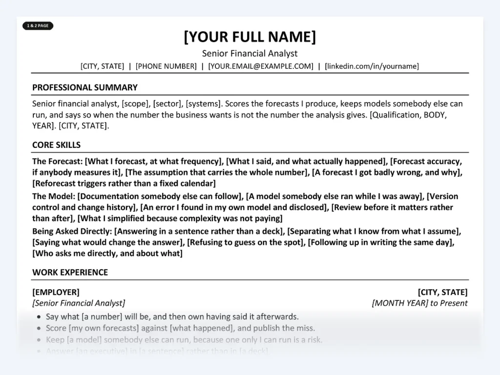 Senior Financial Analyst resume template, one page, ATS-friendly layout