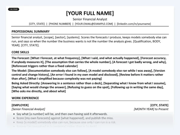 Senior Financial Analyst resume template, one page, ATS-friendly layout