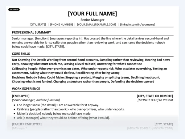 Senior Manager resume template, one page, ATS-friendly layout