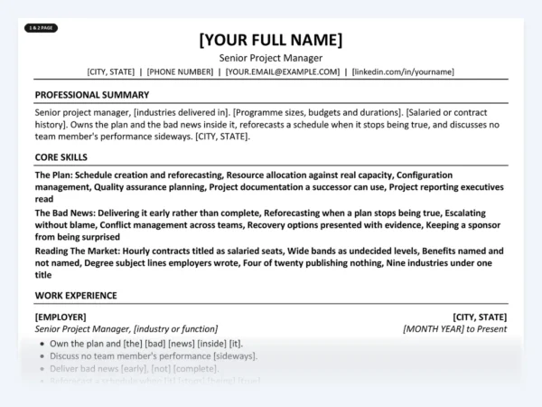 Senior Project Manager resume template, one page, ATS-friendly layout