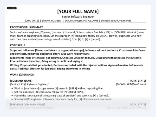 Senior Software Engineer resume template, one page, ATS-friendly layout
