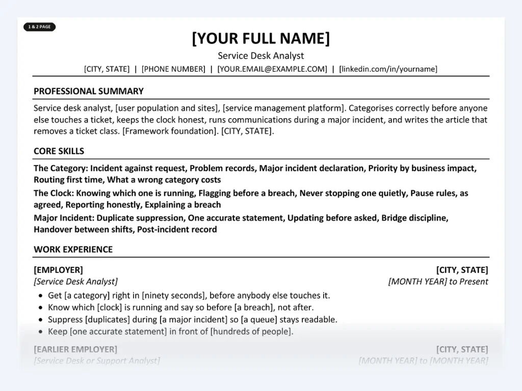 Service Desk Analyst resume template, one page, ATS-friendly layout