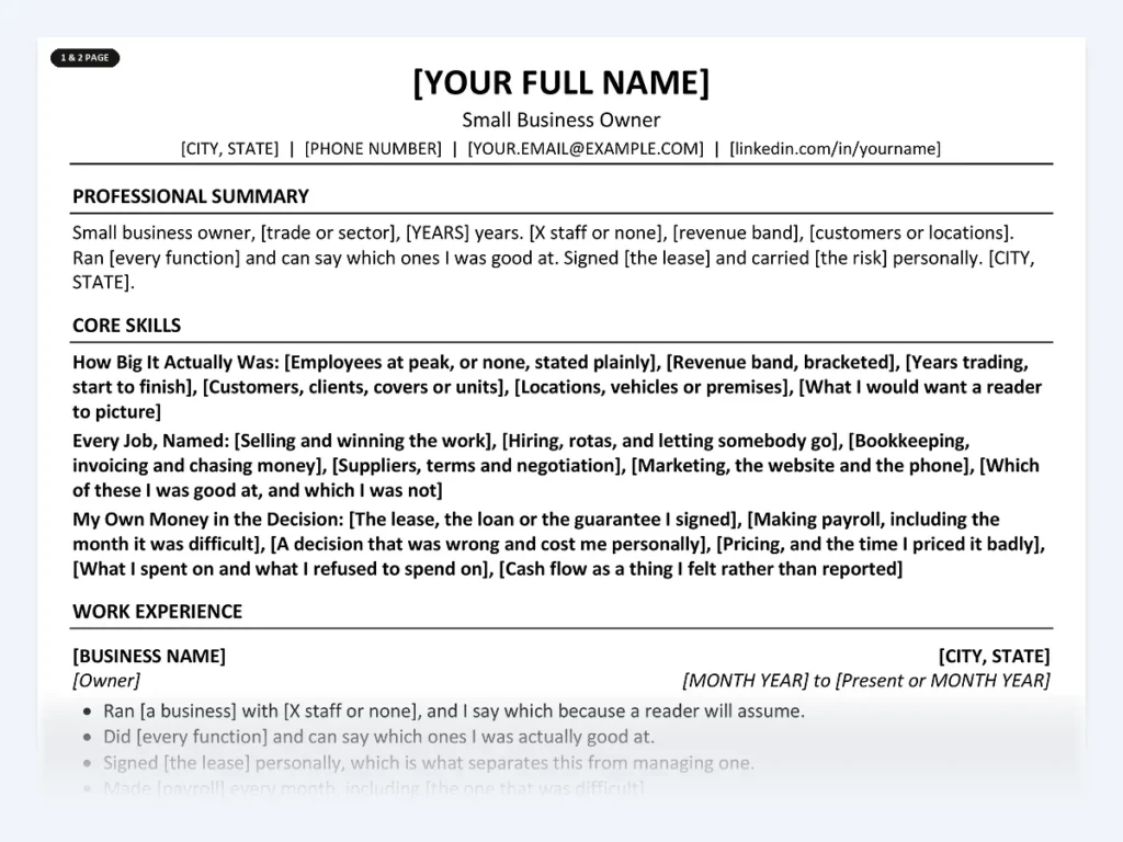 Small Business Owner resume template, one page, ATS-friendly layout