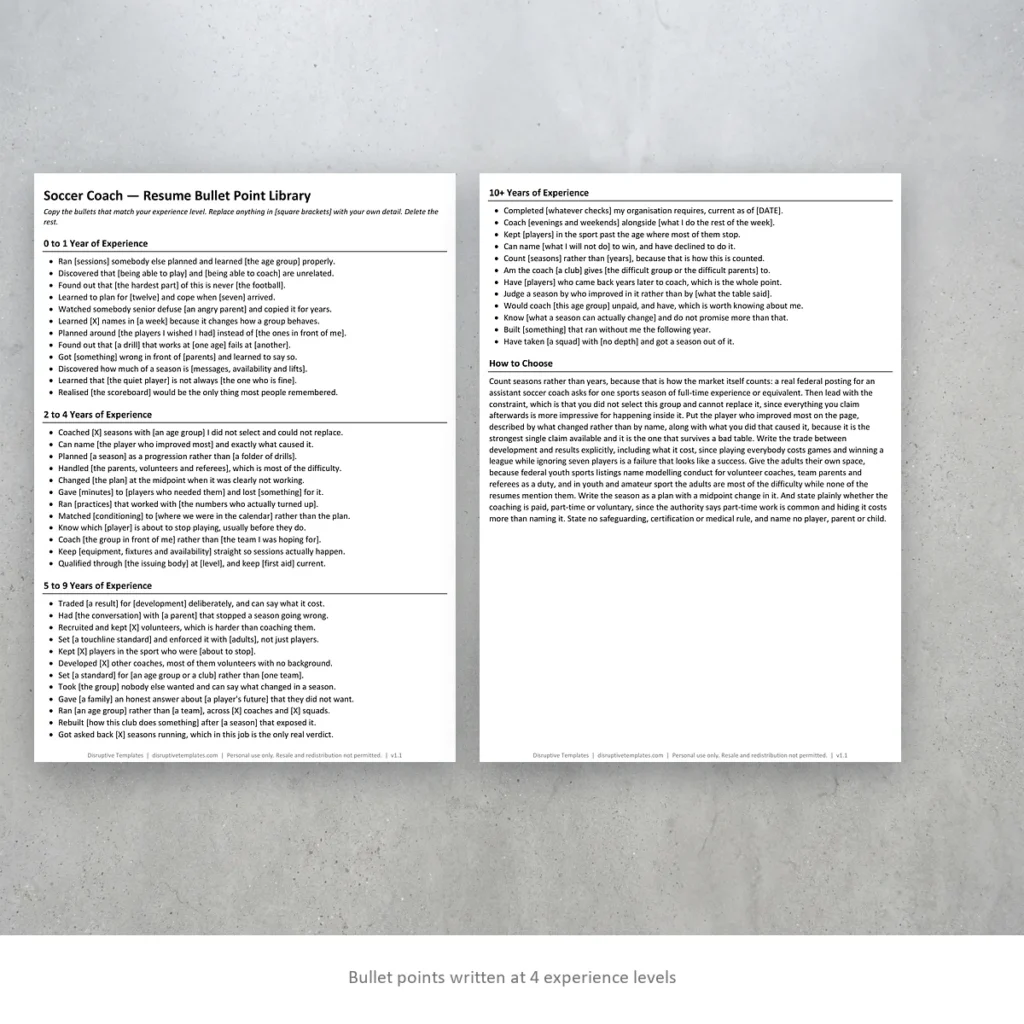 Soccer Coach resume bullet points written at four experience levels