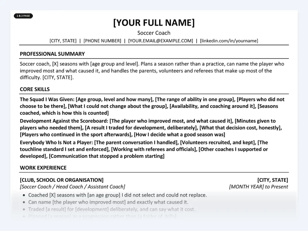 Soccer Coach resume template, one page, ATS-friendly layout