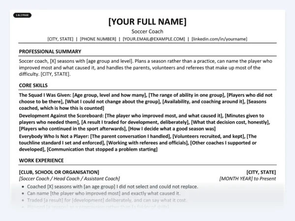 Soccer Coach resume template, one page, ATS-friendly layout