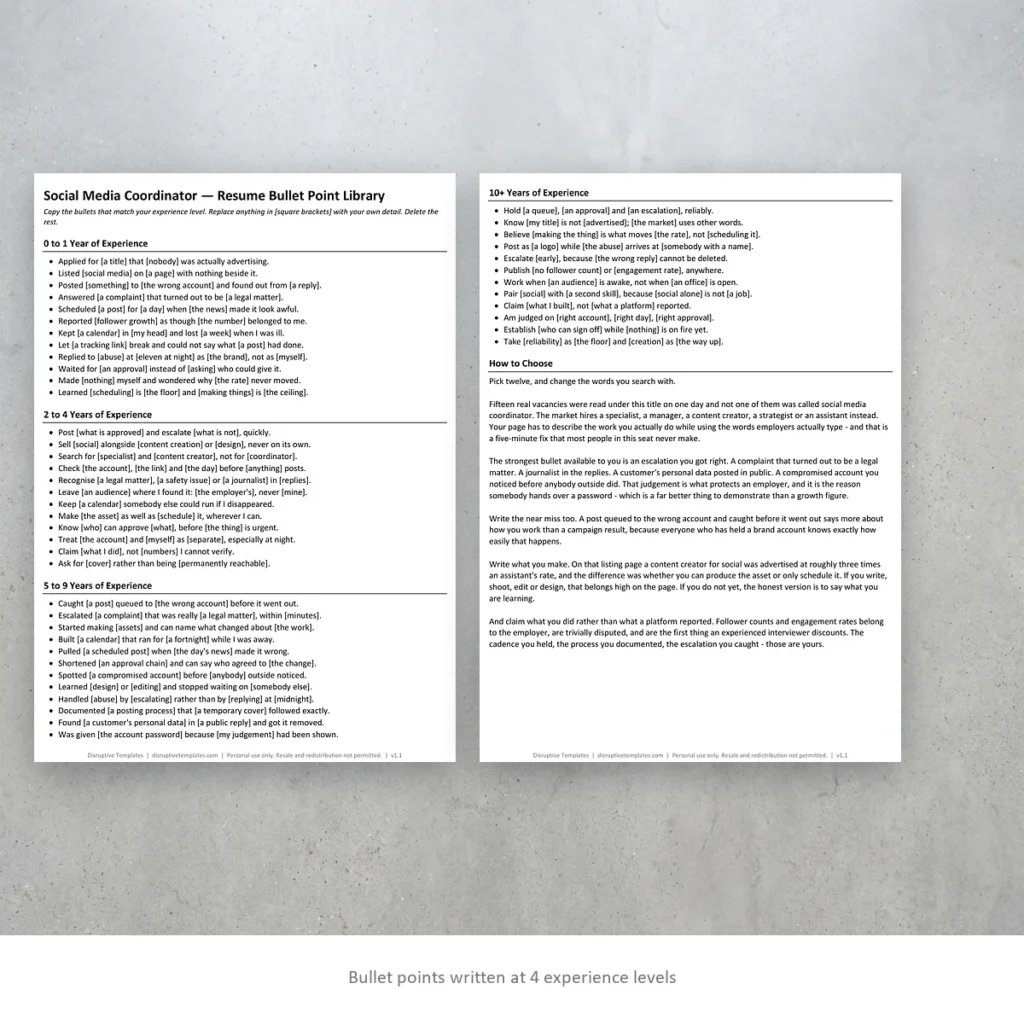 Social Media Coordinator resume bullet points written at four experience levels