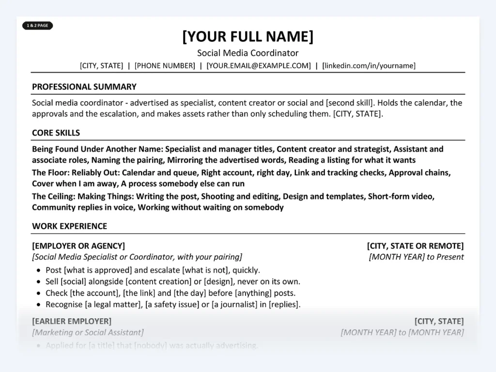 Social Media Coordinator resume template, one page, ATS-friendly layout