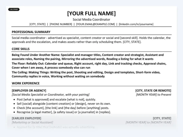 Social Media Coordinator resume template, one page, ATS-friendly layout