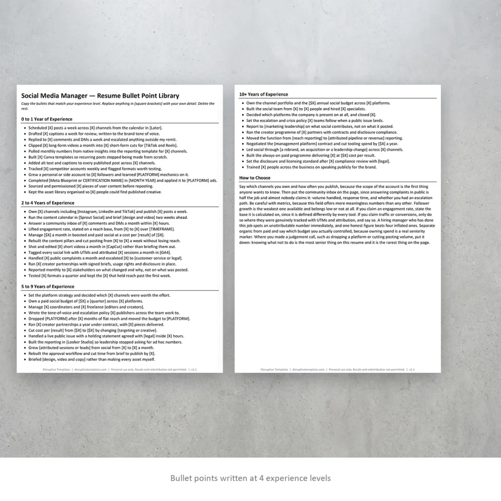 Social Media Manager resume bullet points written at four experience levels
