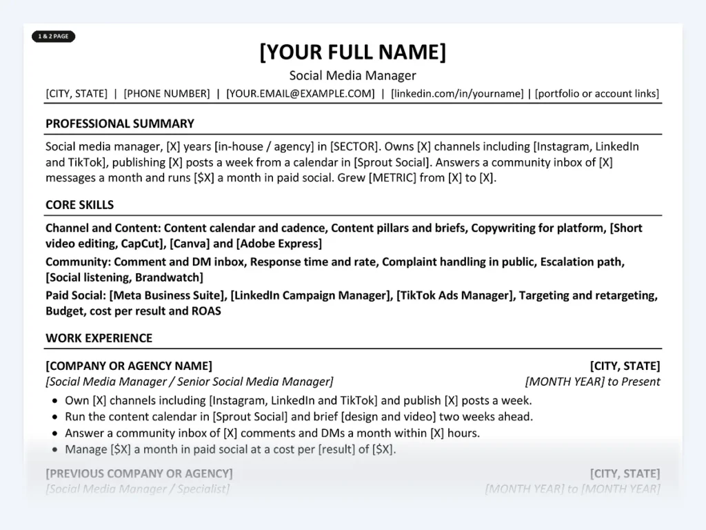 Social Media Manager resume template, one page, ATS-friendly layout