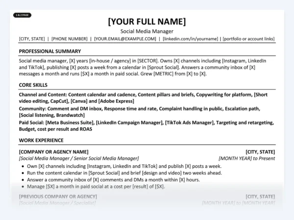 Social Media Manager resume template, one page, ATS-friendly layout