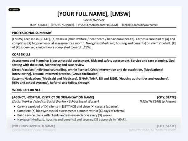 Social Worker resume template, one page, ATS-friendly layout