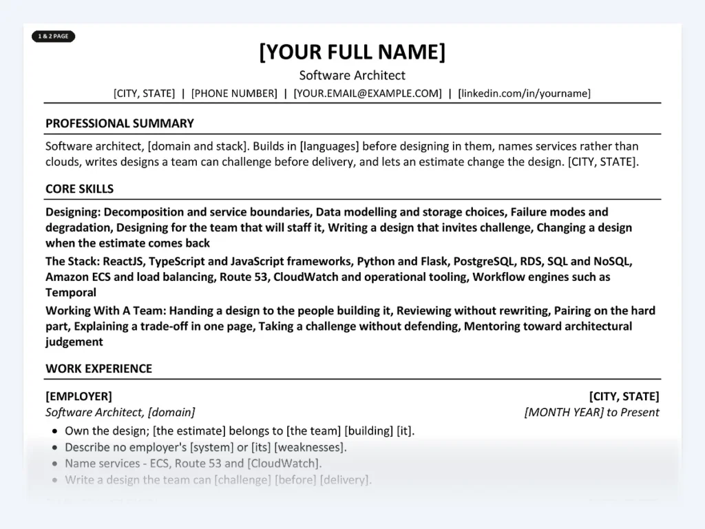 Software Architect resume template, one page, ATS-friendly layout