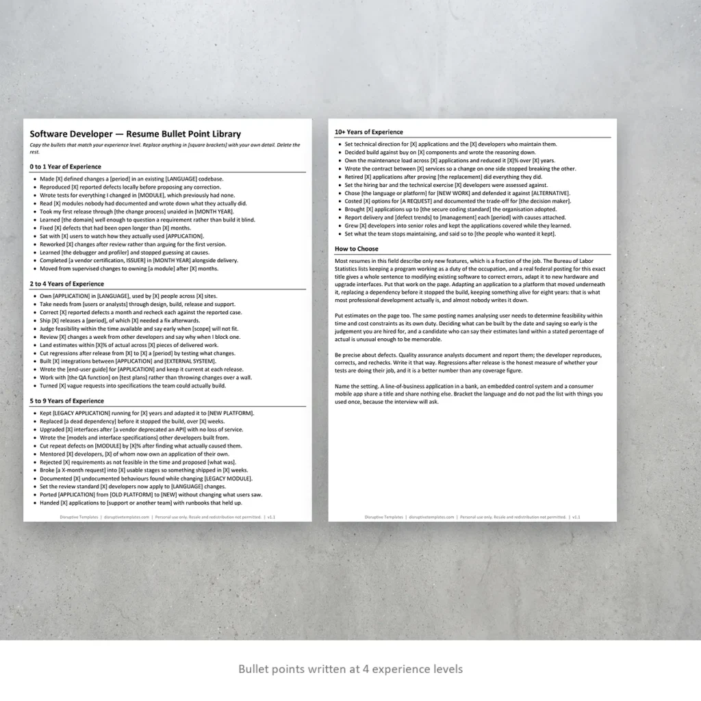 Software Developer resume bullet points written at four experience levels