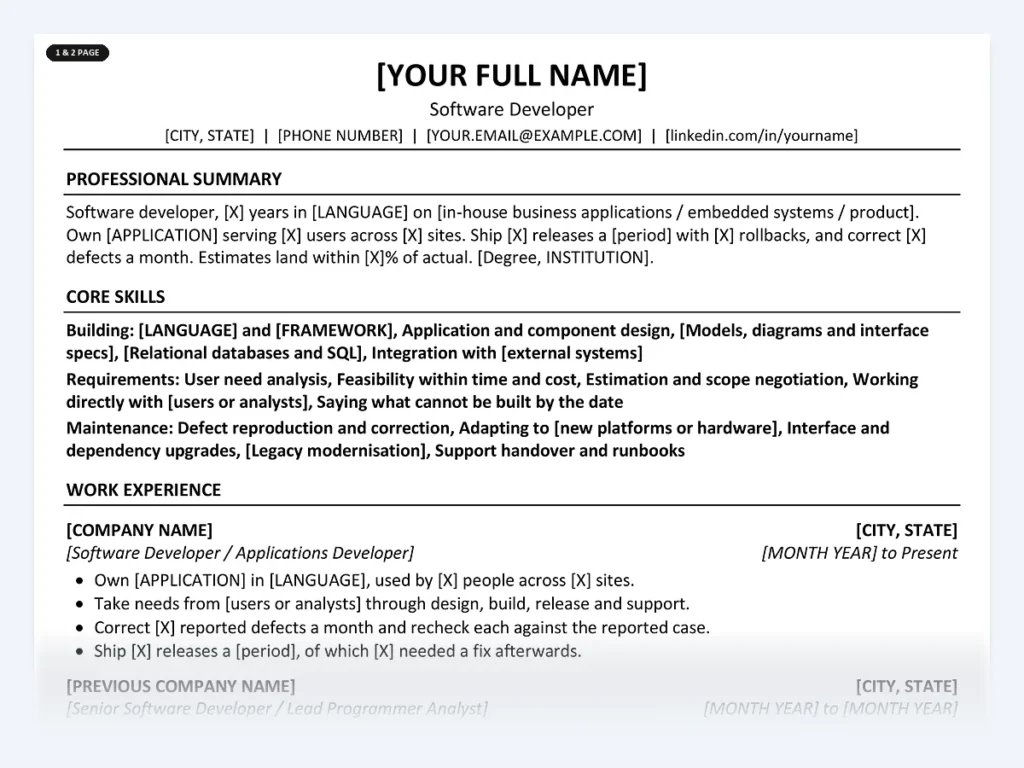 Software Developer resume template, one page, ATS-friendly layout
