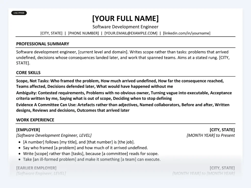 Software Development Engineer resume template, one page, ATS-friendly layout