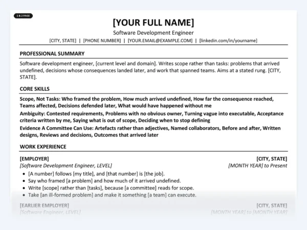 Software Development Engineer resume template, one page, ATS-friendly layout