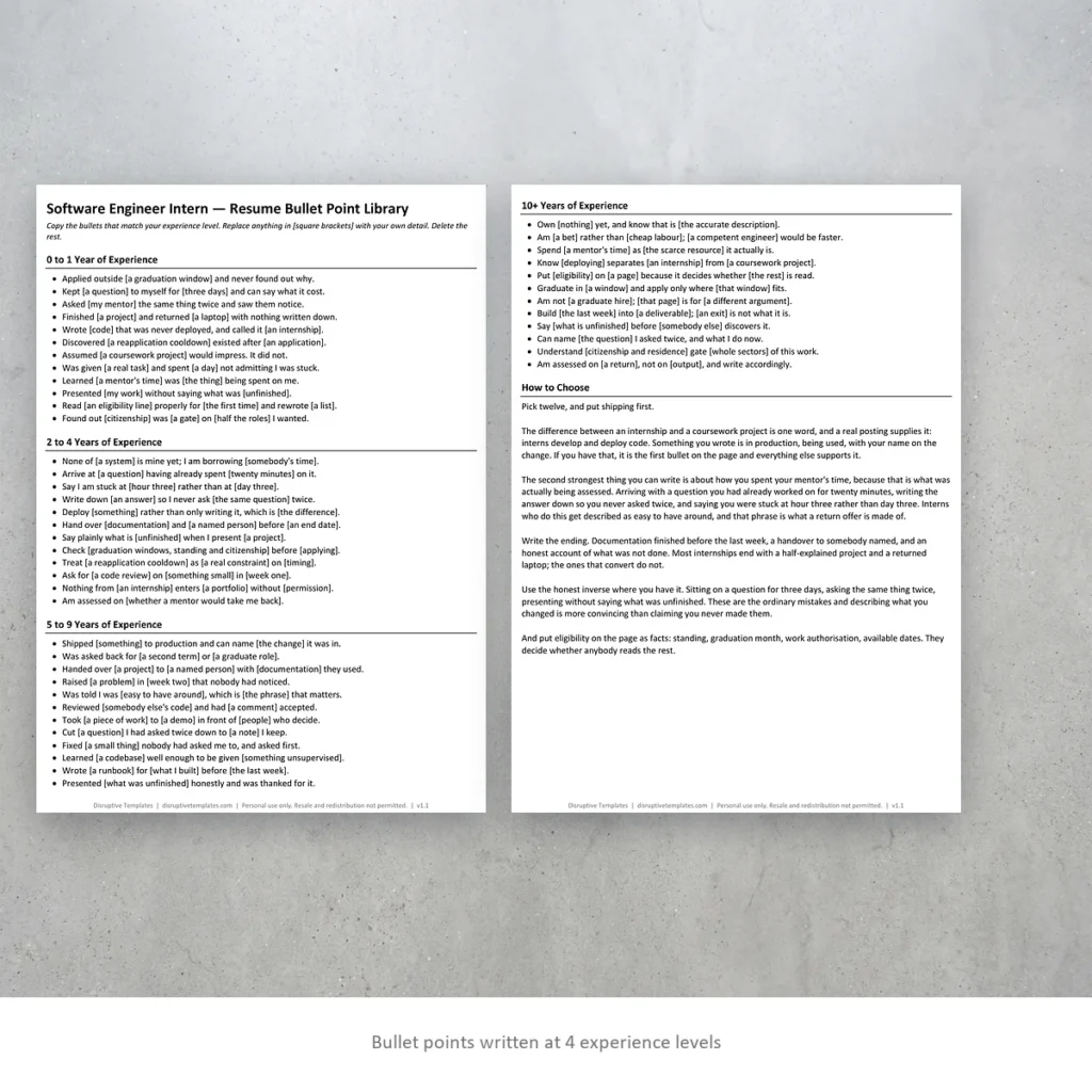 Software Engineer Intern resume bullet points written at four experience levels