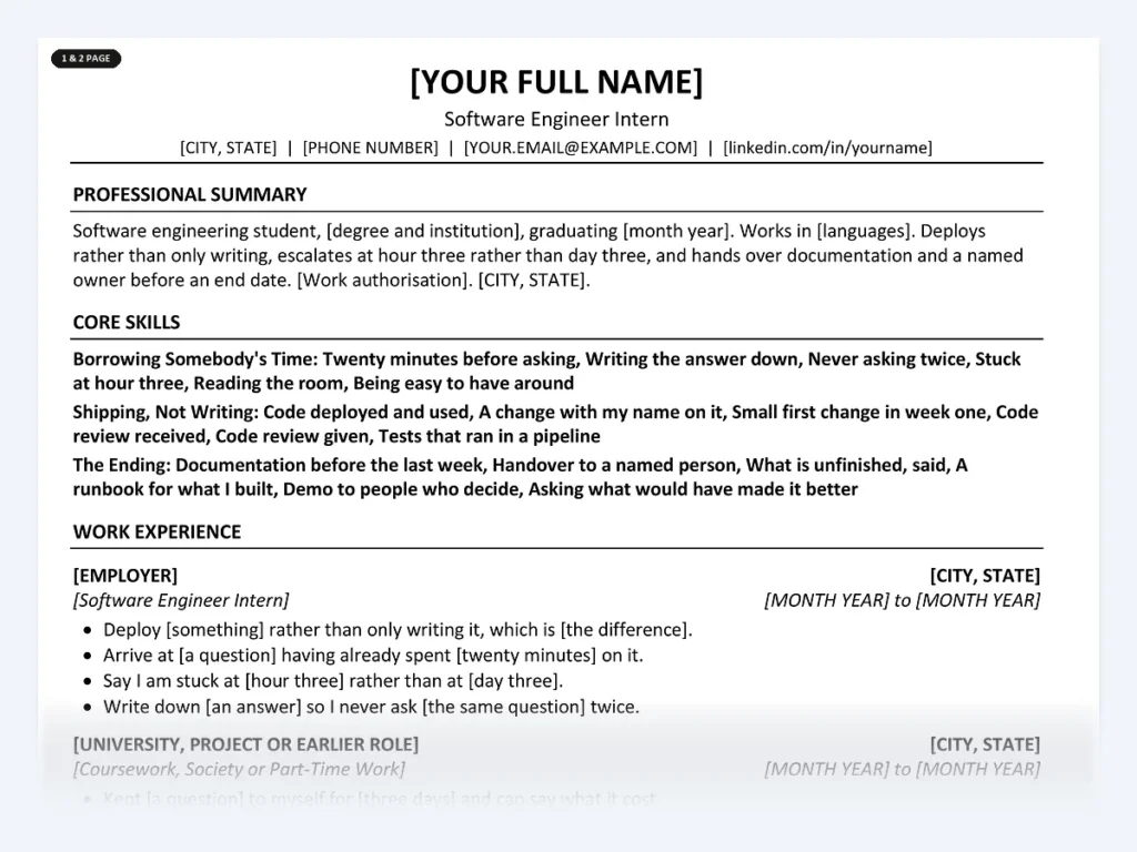 Software Engineer Intern resume template, one page, ATS-friendly layout