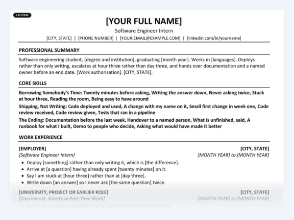 Software Engineer Intern resume template, one page, ATS-friendly layout